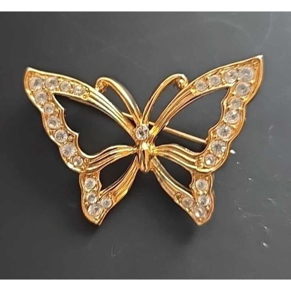 Vintage Monet Butterfly Brooch Gold Tone Rhinestone Pin Signed